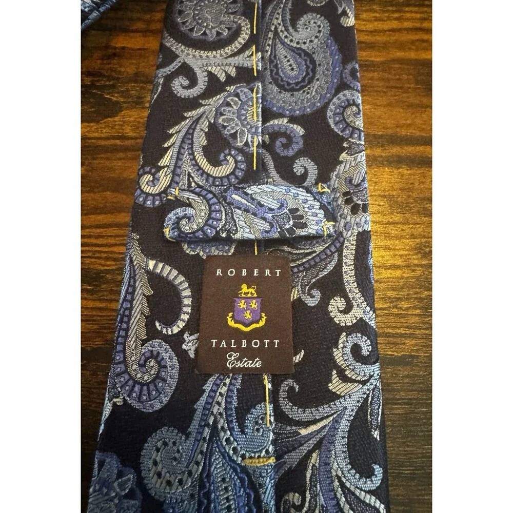 Robert Talbott Estate Silk Necktie Navy Blue Silver Paisley Hand Made Luxury Tie